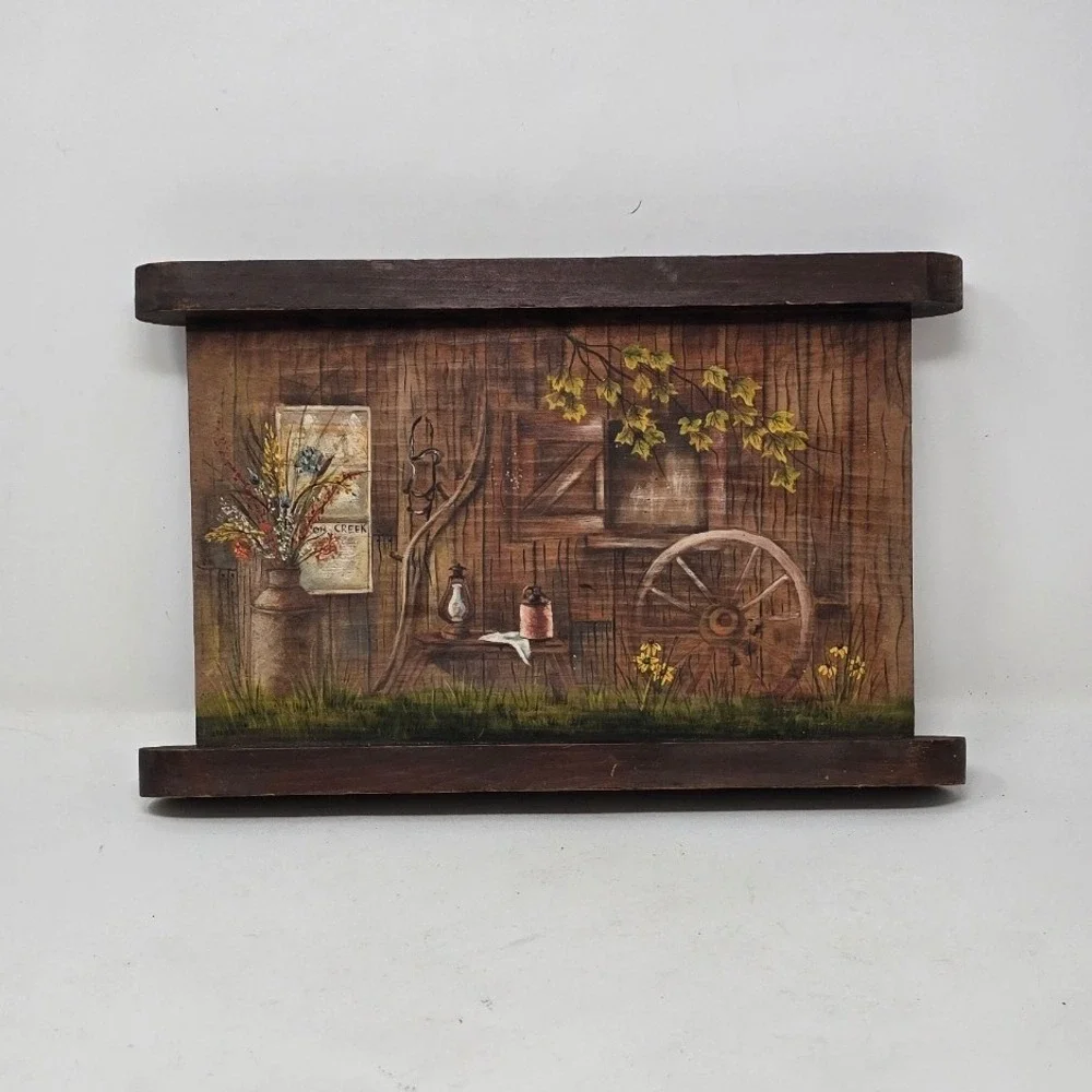 Vtg hand painted wood wall decor plaque barn farmhouse‎ cottagecore folk art
